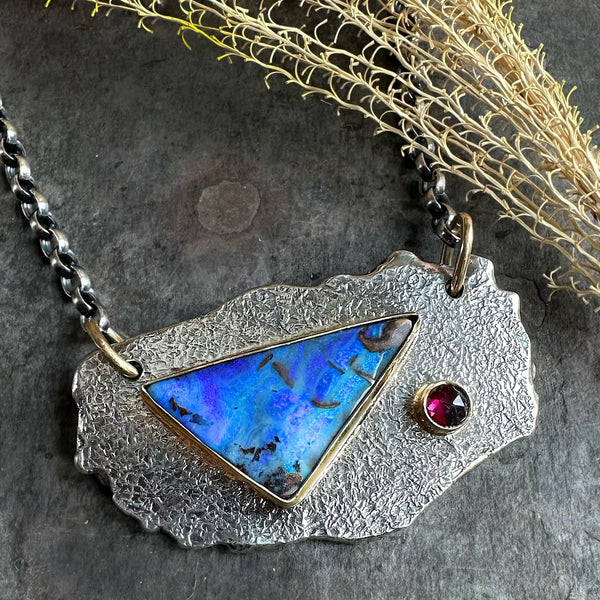 Boulder Opal Natural Edge Amulet set in 22k w/Garnet set in 18k