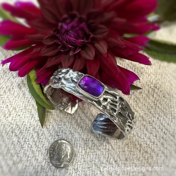 Rectangle Amethyst  Ripple Cuff Silver