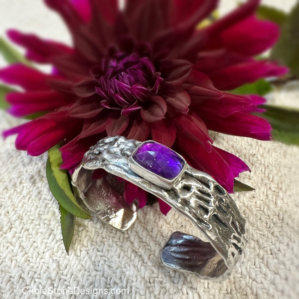 Rectangle Amethyst  Ripple Cuff Silver