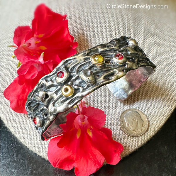 Ripple Barnacle Cuff w/Apricot Sapphires, Diamond in 18k Gold & Silver