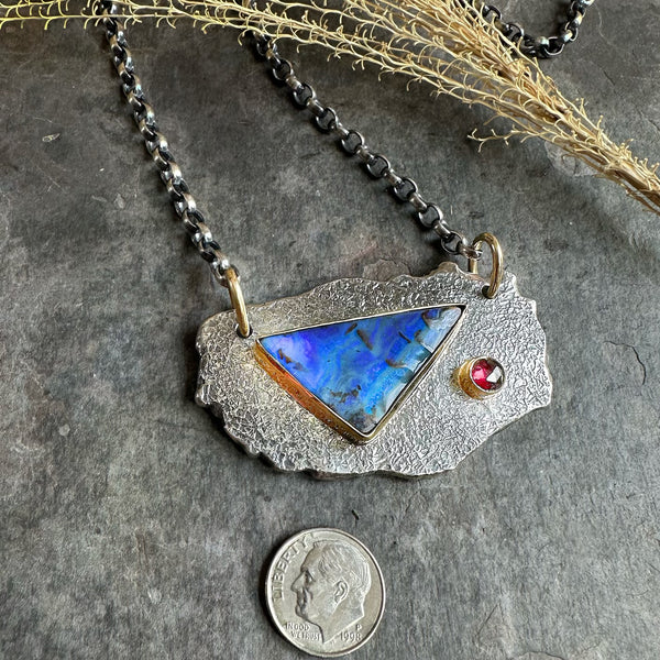 Boulder Opal Natural Edge Amulet set in 22k w/Garnet set in 18k
