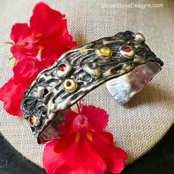 Ripple Barnacle Cuff w/Apricot Sapphires, Diamond in 18k Gold & Silver