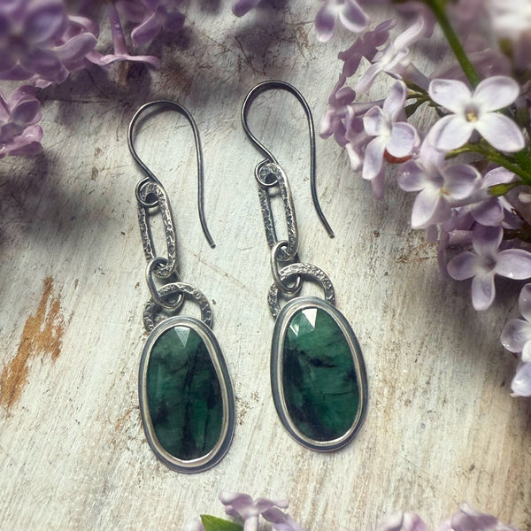 Natural Emerald Dropped Paperclip Earrings