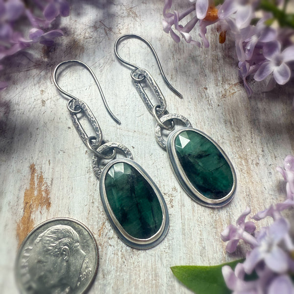 Natural Emerald Dropped Paperclip Earrings