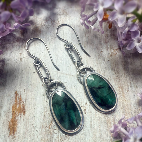 Natural Emerald Dropped Paperclip Earrings