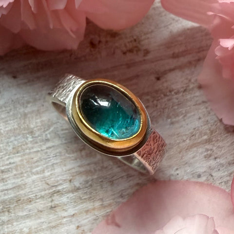 Blue/Green Oval Tourmaline set in 18k