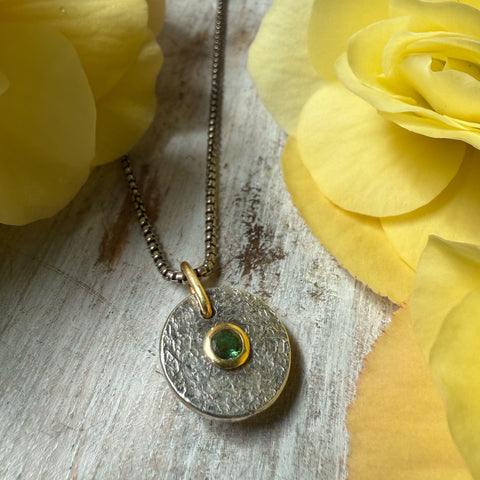 Mini Medallion Deep Green Tourmaline set 18k Gold