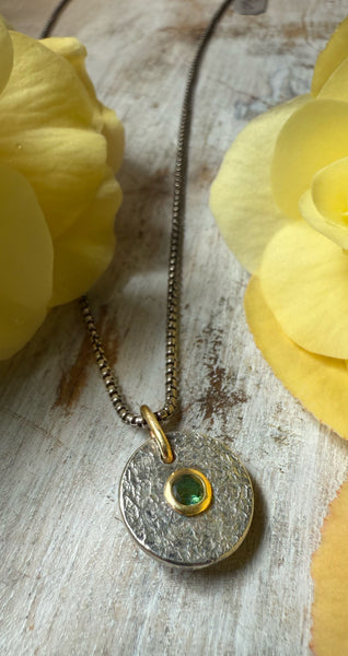 Mini Medallion Deep Green Tourmaline set 18k Gold
