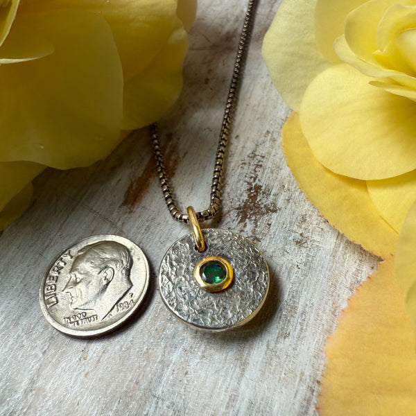 Mini Medallion Deep Green Tourmaline set 18k Gold