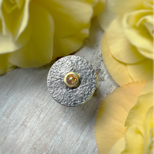 Elemental Medallion Ring Rustic Natural Diamond Rose Colored set in 18k