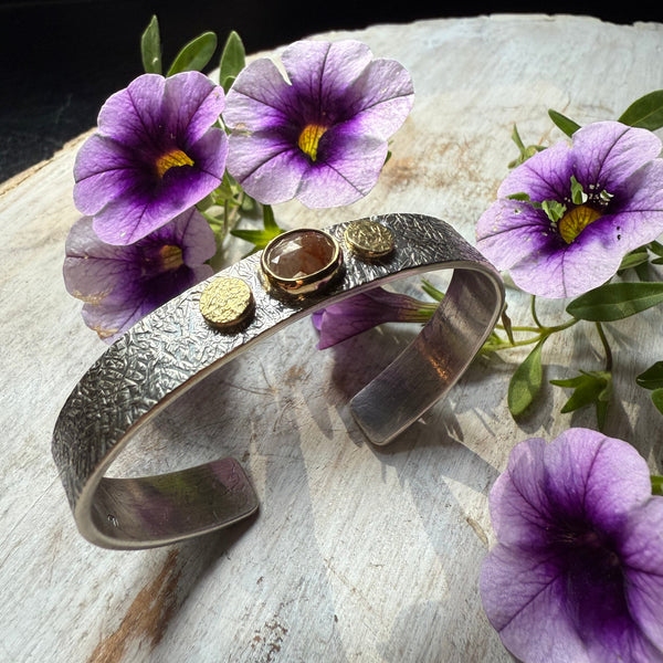 Natural Rustic  Brown Oval  Diamond w/18K Wide Rondel Cuff