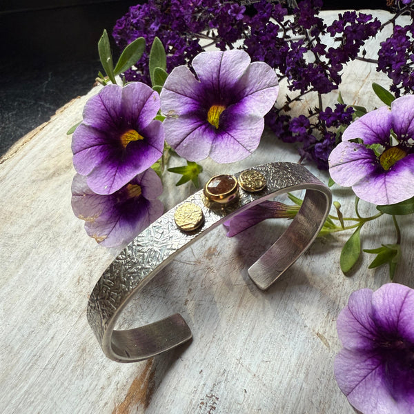 Natural Rustic Light Brown w/ Peach includsions Diamond w/18K Rondel Flat Cuff