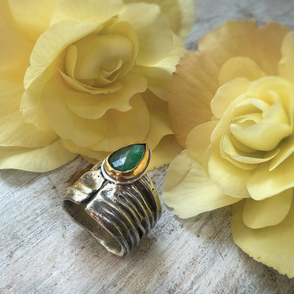 Pear Shaped Rose Cut Emerald Ripple Ring Silver & 22k Gold