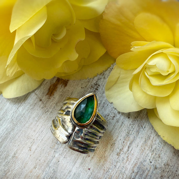 Pear Shaped Rose Cut Emerald Ripple Ring Silver & 22k Gold