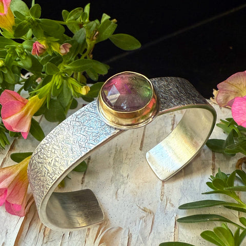 Rose Cut  Round WatermelonTourmaline set in 18k Gold Wide Flat cuff