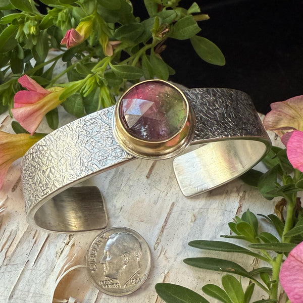 Rose Cut  Round WatermelonTourmaline set in 18k Gold Wide Flat cuff