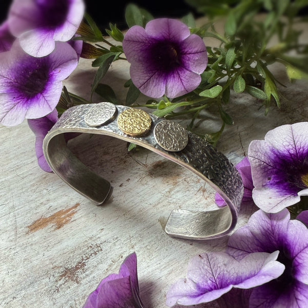 Rondel Flat Cuff w/1 18k gold Rondels and 2 silver