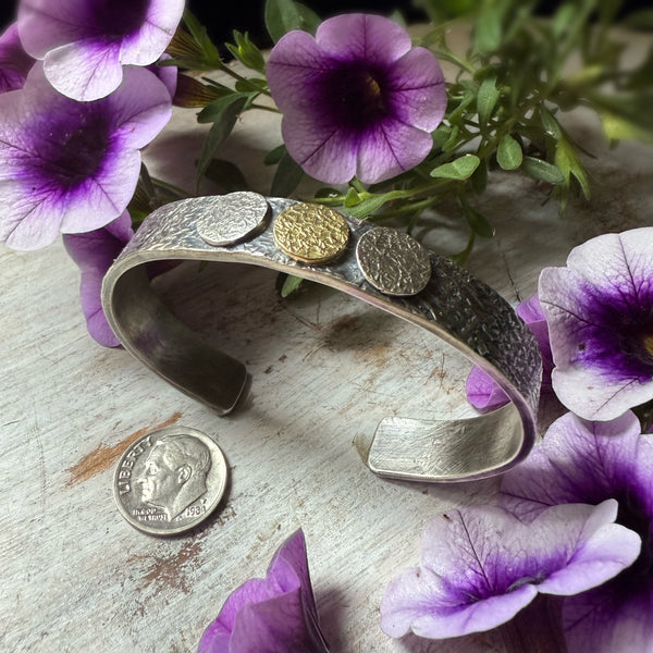 Rondel Flat Cuff w/1 18k gold Rondels and 2 silver