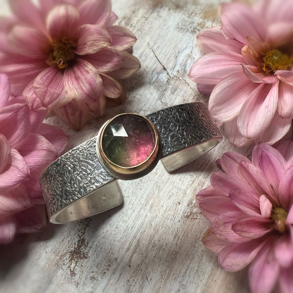 Rose Cut  Round WatermelonTourmaline set in 18k Gold Wide Flat cuff