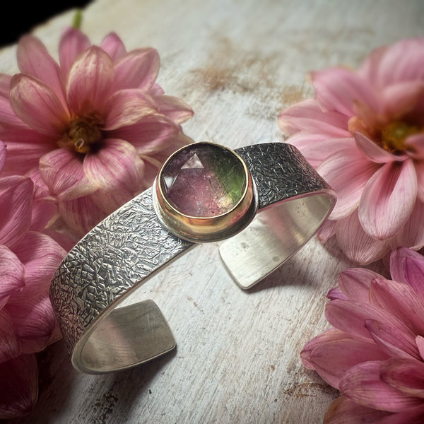 Rose Cut  Round WatermelonTourmaline set in 18k Gold Wide Flat cuff