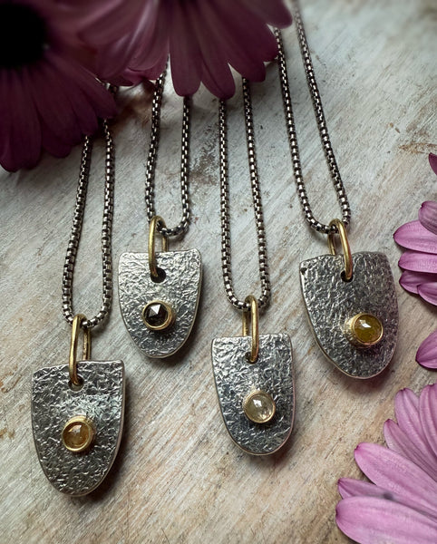 Natural Rustic Salt & Pepper Diamond Shield Amulet Necklace