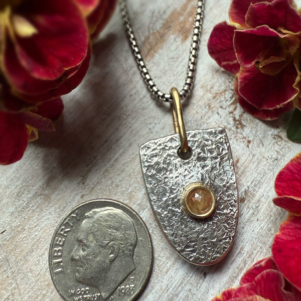 Natural Rustic Peach Hued Diamond Shield Amulet Necklace