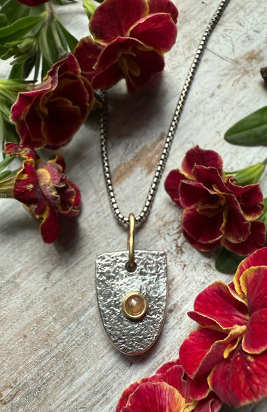 Natural Rustic Peach Hued Diamond Shield Amulet Necklace