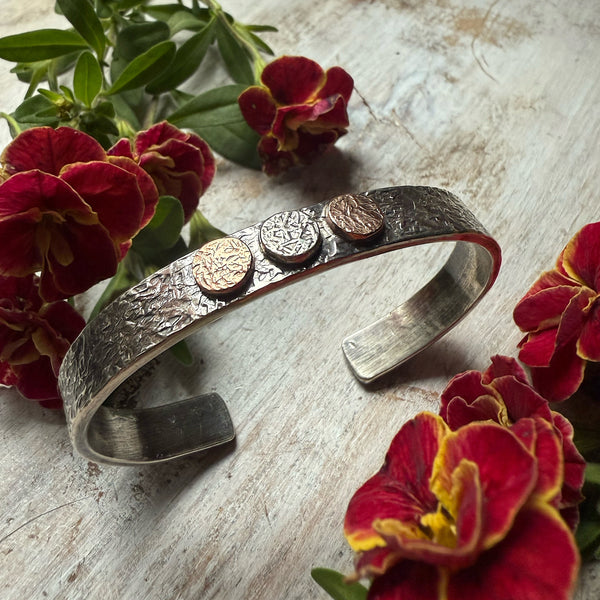 Silver & 2 14K Rose Gold Flat Rondel Cuff