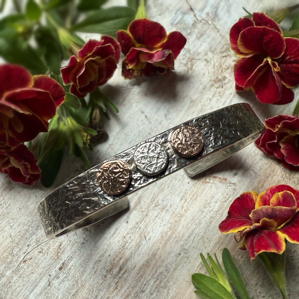 Silver & 2 14K Rose Gold Flat Rondel Cuff