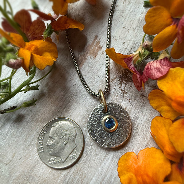 Mini  Medallion Silver & 18k Gold Setting Deep Blue Sapphire