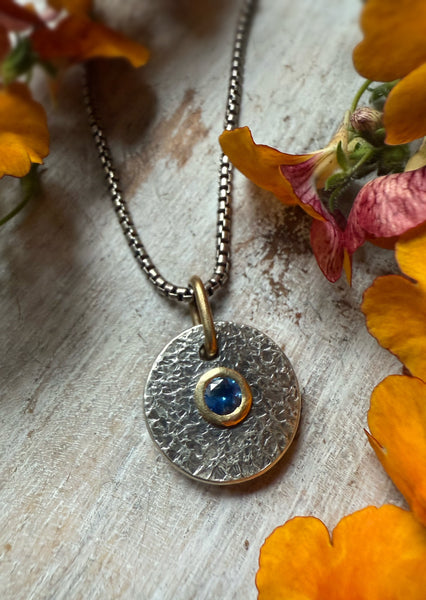 Mini  Medallion Silver & 18k Gold Setting Deep Blue Sapphire