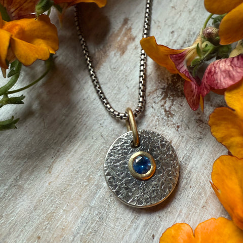 Mini  Medallion Silver & 18k Gold Setting Deep Blue Sapphire
