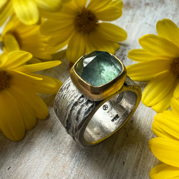 Pale Rose Cut Green Tourmaline set in 22k,  EV 2.5 shank