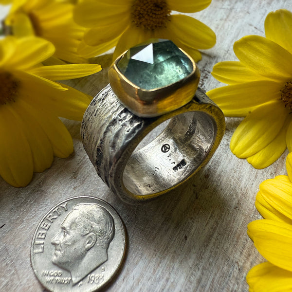 Pale Rose Cut Green Tourmaline set in 22k,  EV 2.5 shank