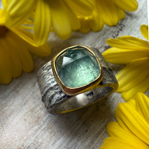 Pale Rose Cut Green Tourmaline set in 22k,  EV 2.5 shank