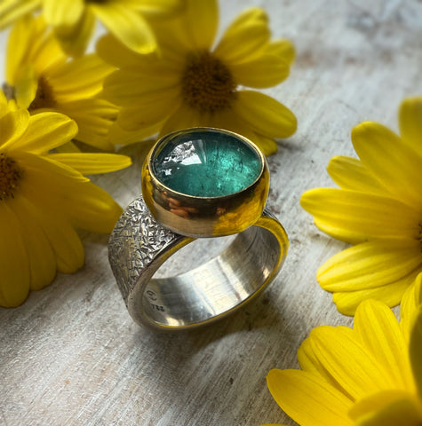Soft Smooth Blue/Green Tourmaline set in 18k Gold Silver Hammered Band