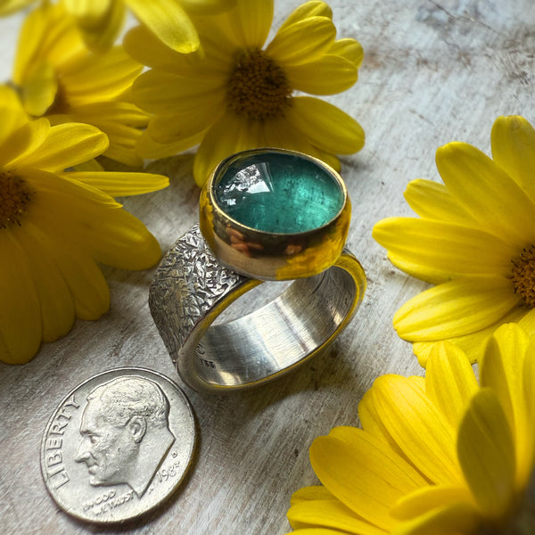 Soft Smooth Blue/Green Tourmaline set in 18k Gold Silver Hammered Band