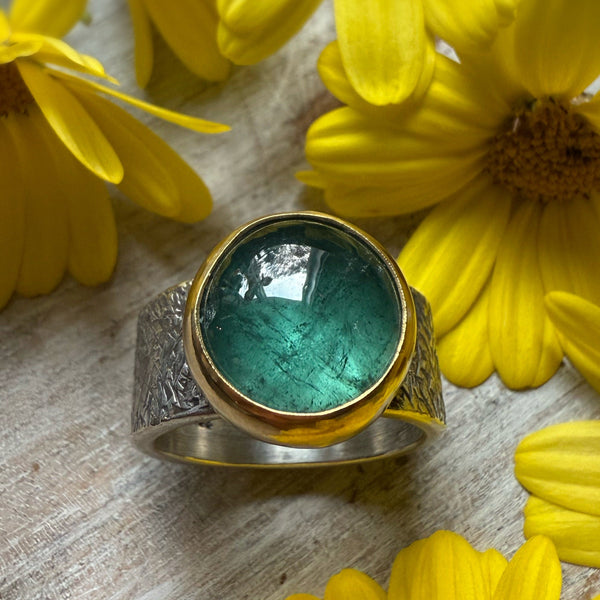 Soft Smooth Blue/Green Tourmaline set in 18k Gold Silver Hammered Band