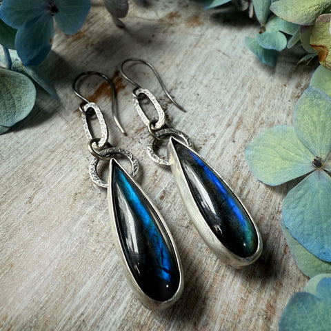 Labradorite Long Teardrop Paperclip Earrings