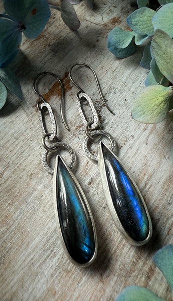 Labradorite Long Teardrop Paperclip Earrings