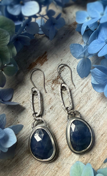 Rose Cut Natural Blue Sapphire Paperclip Earrings