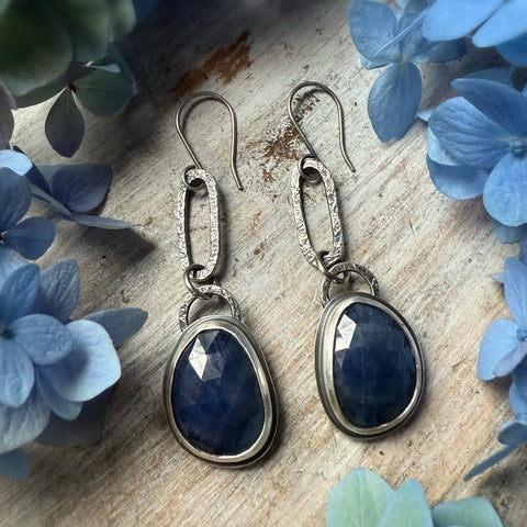 Rose Cut Natural Blue Sapphire Paperclip Earrings