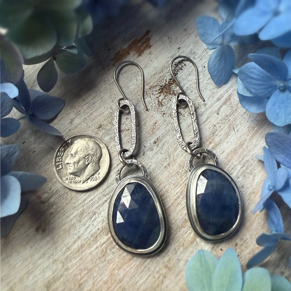 Rose Cut Natural Blue Sapphire Paperclip Earrings