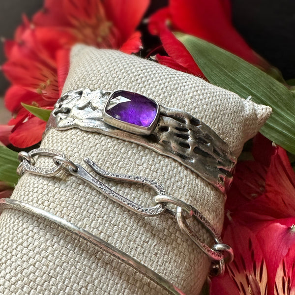 Rectangle Amethyst  Ripple Cuff Silver