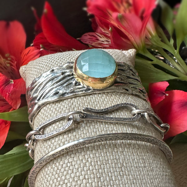 Aquamarine Ripple Cuff Silver & 18k Yellow Gold
