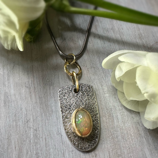Ethiopian Opal Shield Amulet Necklace Silver & 22k Gold