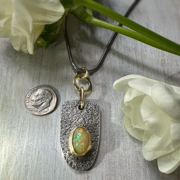 Ethiopian Opal Shield Amulet Necklace Silver & 22k Gold