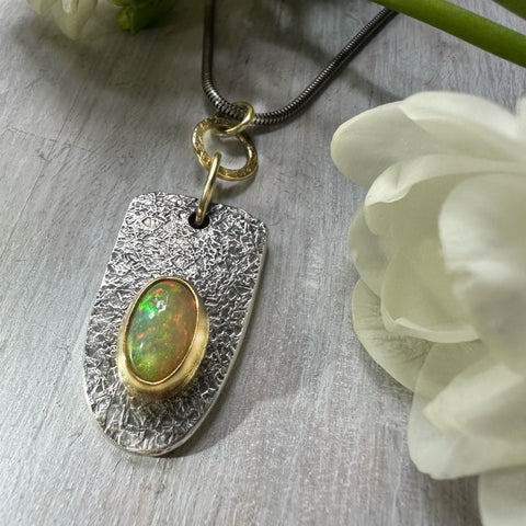 Ethiopian Opal Shield Amulet Necklace Silver & 22k Gold