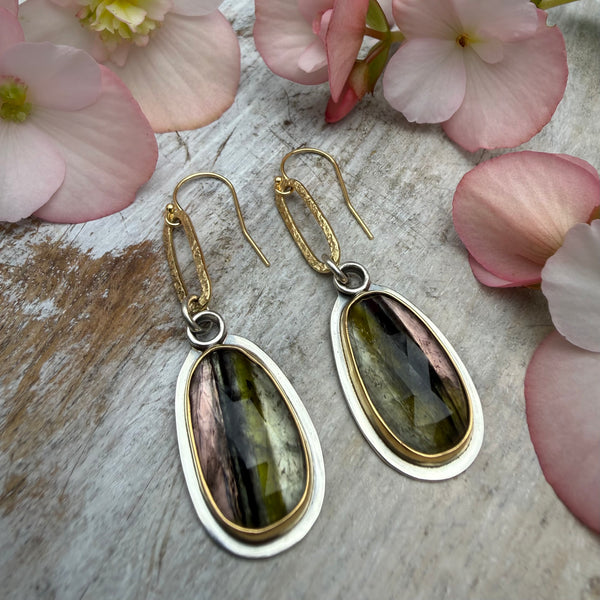 Striped Watermelon Tourmaline Earrings in silver & gold