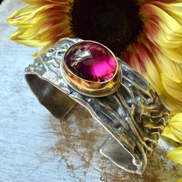Smooth Tourmaline Ripple Cuff 22k Gold and Silver